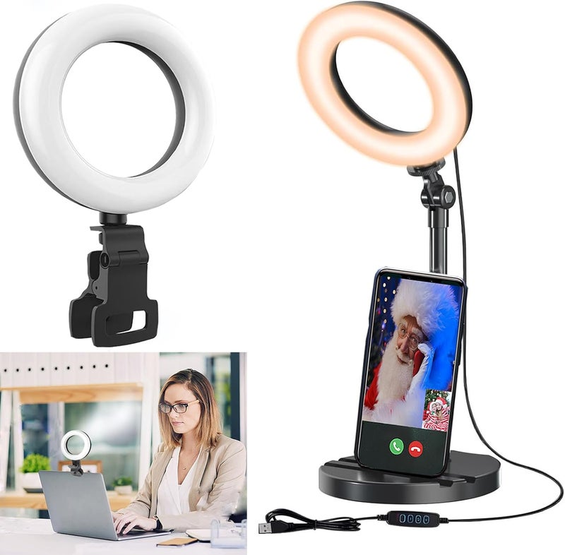 Amcuke Desk Ring Light with Stand, Ring Light with Clip 10W 3000K-6500K Dimmable Travel Desktop Light for Phone Selfie Laptop Zoom Video Makeup Vlog Tiktok Live Streaming - Image 1